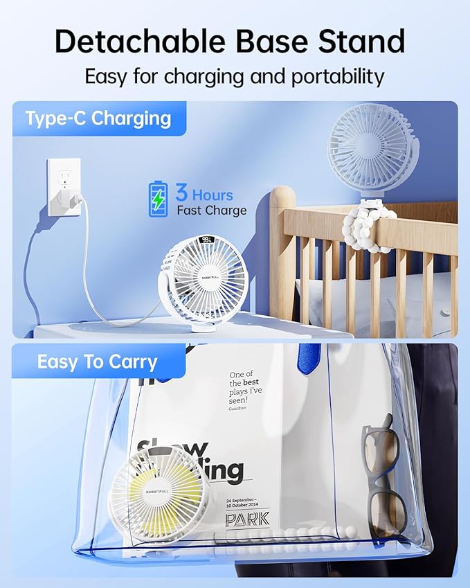 SWEETFULL Portable Stroller Fan with Display 4000mAh Battery Powered Mini Clip On Fan, 4-Speed Rechargeable Small Personal Cooling for Baby Car Seat Crib Travel - White-BubblyBeeBaby