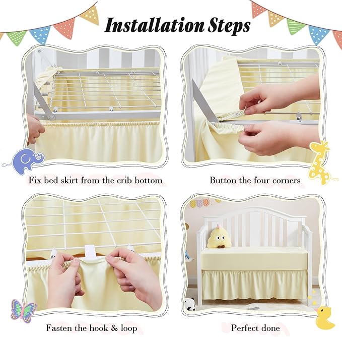 Horbaunal 2 Pack Crib Skirt & Crib Bed Sheet Set, Cream Crib Bed Skirt 28" x 52" with 14" Drop Dust Ruffle, Soft Microfiber Toddler Bedskirt Nursery Bedding Skirt for Baby Girls and Boys-BubblyBeeBaby