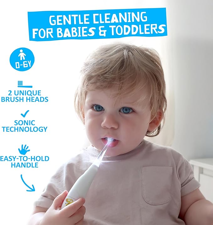 Jack N' Jill Kids Tickle Tooth Sonic Electric Toothbrush and Replacement Head, LED Brush Head with Light Timer and 30 Second Pulse Reminder, Extra Soft Bristles Suitable from 0-6 Years-BubblyBeeBaby