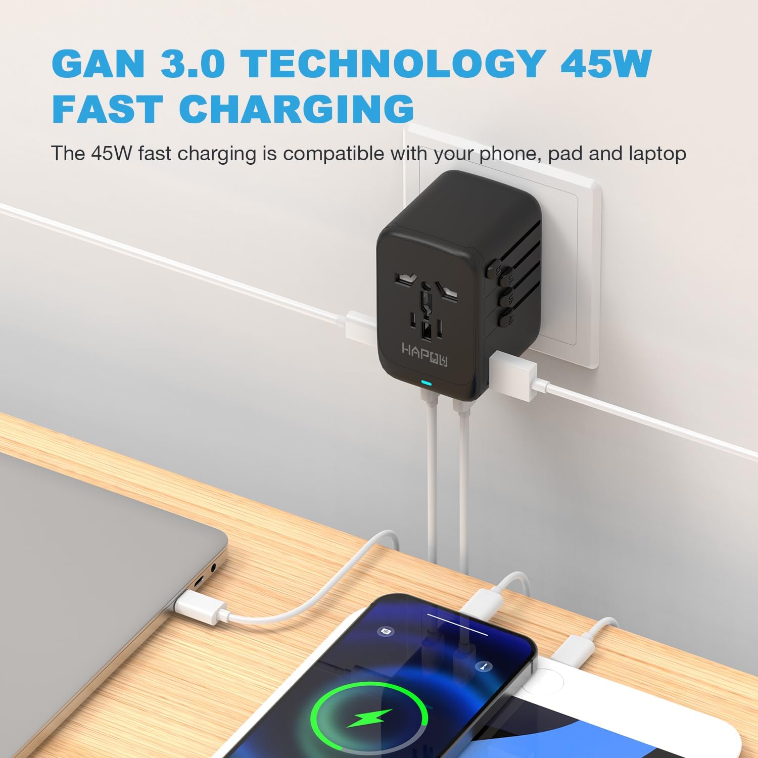 Universal Travel Adapter, GaN 45W International Power Adapter, 3 USB-C & 1 USB-A Fast Charging Travel Charger, All in One Worldwide Travel Plug Adapter, Outlet Adapter for Europe UK USA AU