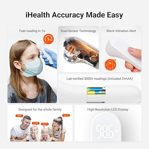 iHealth No-Touch Forehead Thermometer for Adults, Kids, Babies - 1s Fast Accurate, 3 Ultra-Sensitive Sensors, Quiet Vibration Feedback, Digital Large LED Digits, Easy to Use for Home & Nurses, PT3-BubblyBeeBaby