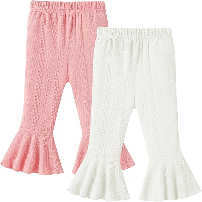2 Pack Toddler Baby Girl Pants Flare Leggings Ribbed Knit Newborn Bell Bottoms Solid Ruffle Infant Pants for Girls-BubblyBeeBaby