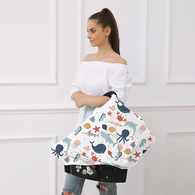 Carseat Cover Boy and Girls - Multi-use Nursing Car Seat Canopy Cover for Breastfeeding, Infant Stroller Cover, High Chair Cover (Cute Fish)-BubblyBeeBaby