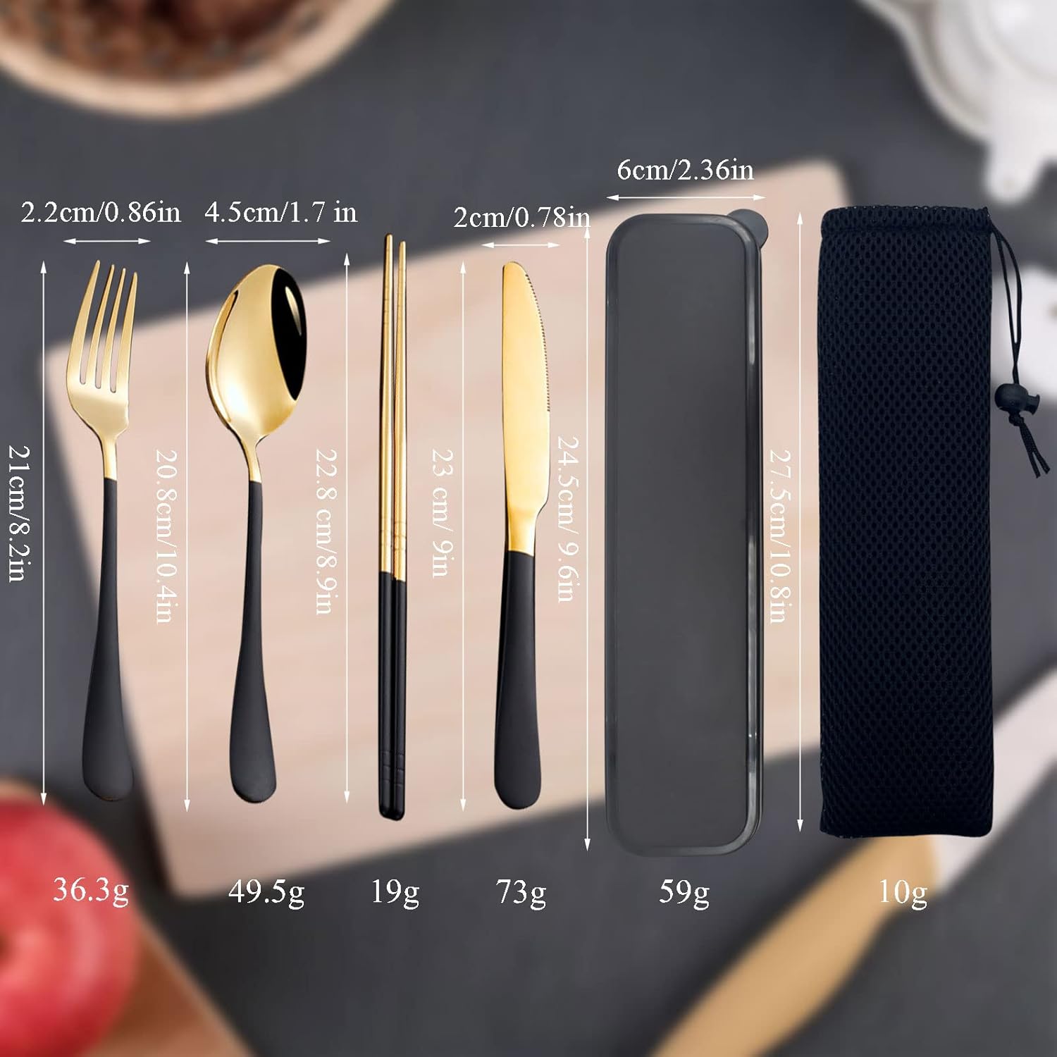 Black Portable Flatware Cutlery Set, TWUTGAYW Stainless Steel Travel Utensils with Case, Reusable Chopsticks Knife Spoons and Forks Set, Gold Camping Utensils Set for Lunch, Office, School, Picnic