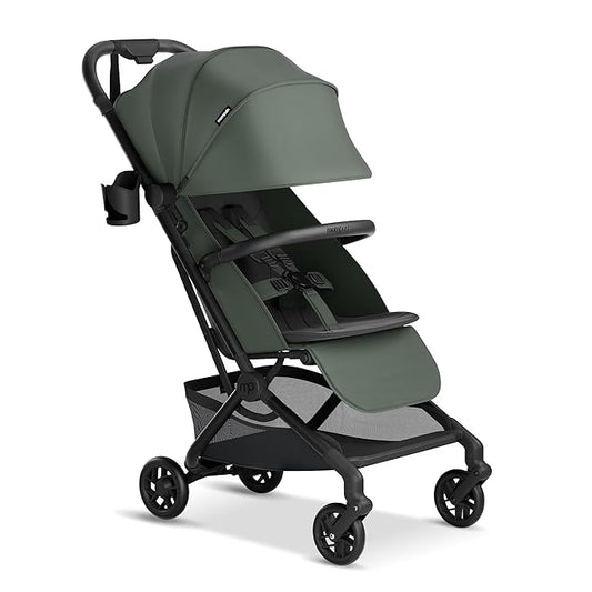 Mompush Velo Lightweight Travel Stroller – One-Hand Fold, Ultra-Compact & Airplane Friendly, Lie-Flat Recline Seat (from Birth to 50 lbs), Includes Cup Holder, Shoulder Strap, and Leather Bumper Bar-BubblyBeeBaby