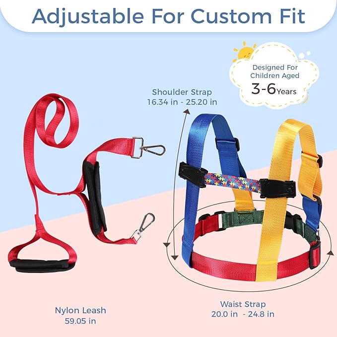 JXM Safety Harness Leash for Autism and Special Needs Child (3-6 yrs), Child Adjustable Elopement Harness with Emergency Grab Handle and Tether, Keep Active Autistic/ADHD Kids Safe and Free Outdoors-BubblyBeeBaby