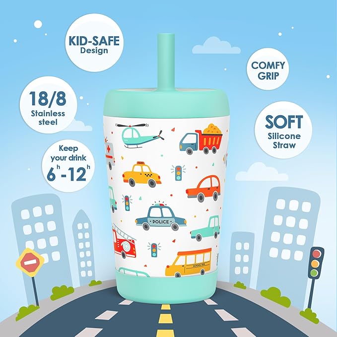Kid Insulated Stainless Steel Tumbler with Silicone Straw, 12oz Sippy Cup for Kids (Transportation)-BubblyBeeBaby