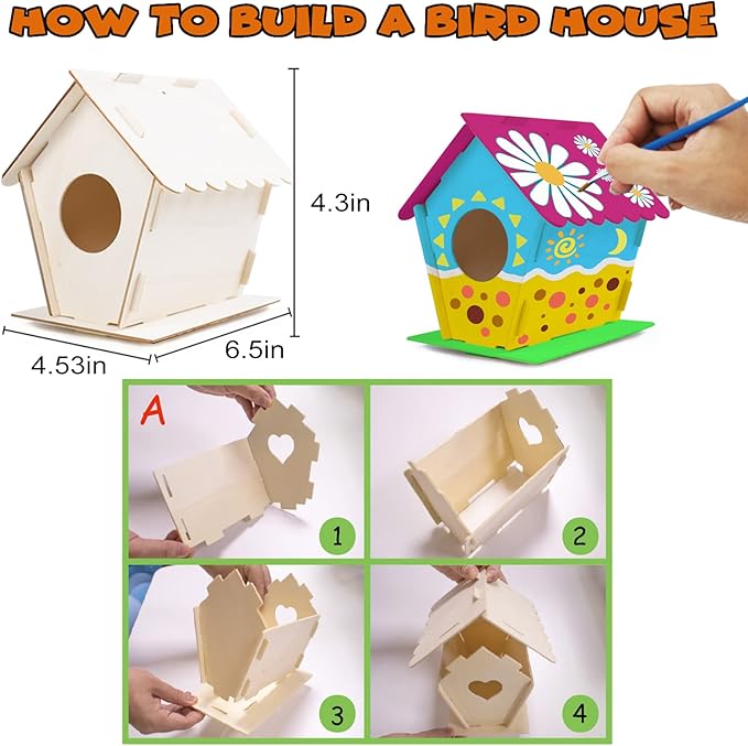 hapray 12 Pack Bird House Kit, DIY Birdhouse Kits, Wooden Crafts Arts for Children to Build and Paint (Includes Paints & Brushes) for Kids Girls Boys Toddlers Christmas Gift-BubblyBeeBaby