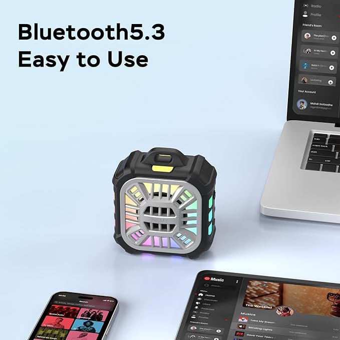 INSMY IP67 Waterproof Bluetooth Speaker, Shower Speaker Portable Small Clip-on, Multi Sync 100+ Speakers, Big Volume Booming Bass, 24H Playtime/Floatable/RGB Lights for Outdoor/Kayak/Beach (Black)-BubblyBeeBaby