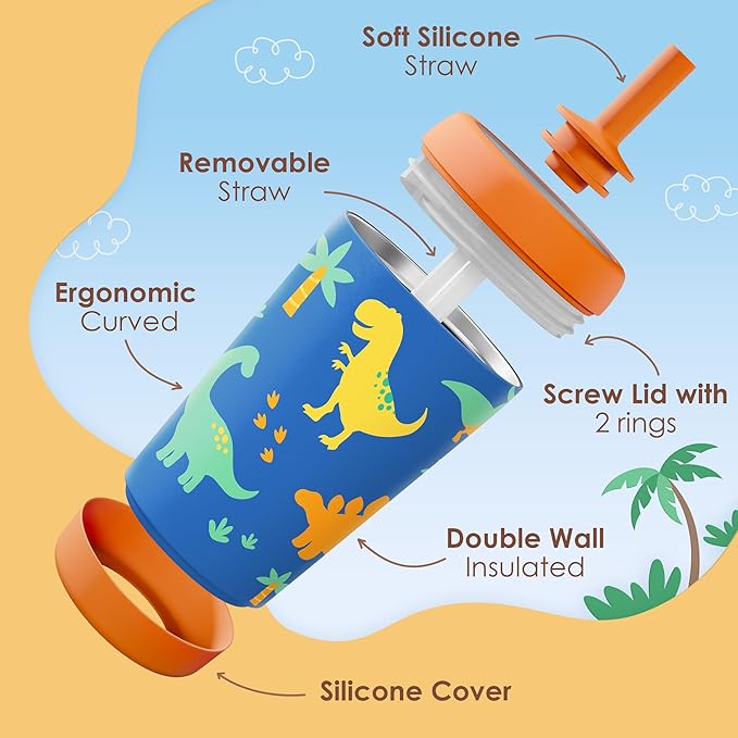 Kid Insulated Stainless Steel Tumbler with Silicone Straw, 12oz Sippy Cup for Kids (Dinosaurs)-BubblyBeeBaby