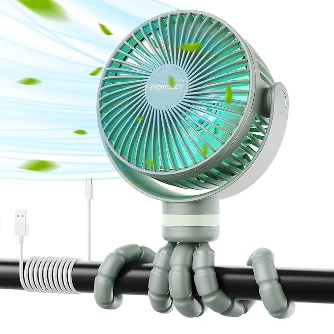 Momcozy Portable Stroller Fan, 8000mAh, 27H Ultra-long Battery Life, Detachable 4 Speed 360°Rotate, LED Night Light with 2 Modes, USB Rechargeable Handheld Cooling Fan for Travel, Car Seat, Bedroom-BubblyBeeBaby