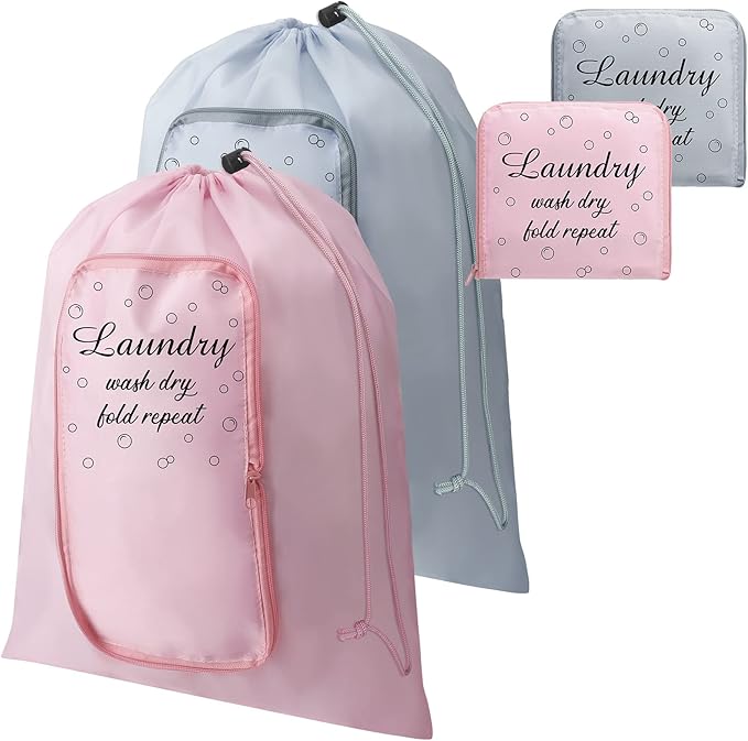 2 Pcs Travel Laundry Bag Washable Dirty Clothes Bag with Drawstring and Zipper for Suitcase, 22 x 18 Inch (Pink, Gray,Bubble)-BubblyBeeBaby