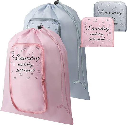 2 Pcs Travel Laundry Bag Washable Dirty Clothes Bag with Drawstring and Zipper for Suitcase, 22 x 18 Inch (Pink, Gray,Bubble)-BubblyBeeBaby