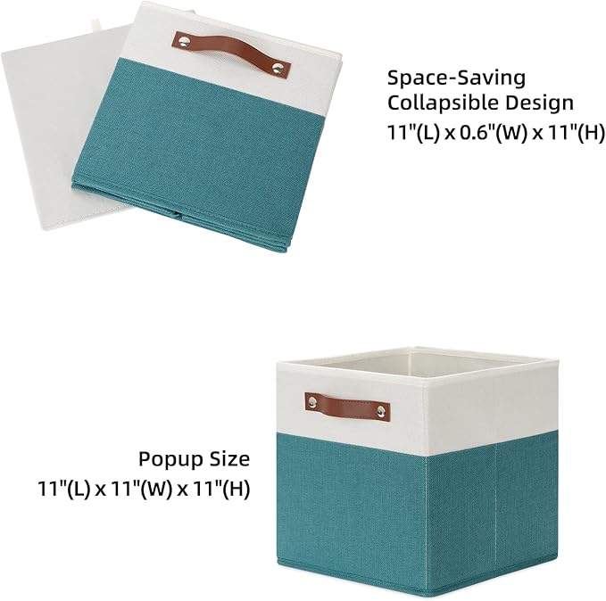 HNZIGE Fabric Storage Cube Bins Baskets for Organizing, 11 inch Cube Storage Bins, Set of 4, Collapsible Storage Bin with Handles, Closet Organizers and Storage Home Toy Nursery Bedroom(White Teal)-BubblyBeeBaby