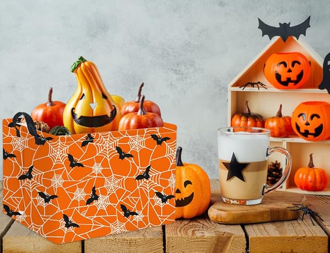 HIYAGON Rectangular Halloween Basket for Boys and Girls Kids Trick or Treat Pumpkin Basket for Halloween Parties Cute Storage Bin Organizer Box Room Decor(Bat spider web)-BubblyBeeBaby