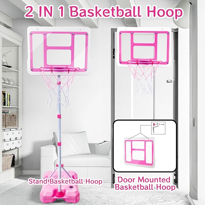 Kids Basketball Hoop with Stand, Adjustable Height 3.5FT-6.2FT Toddler Basketball Hoop, Basketball Goal Outdoor Indoor Toys for Girls Age 3 4 5 6 7 8 Years Old Gifts(Pink)-BubblyBeeBaby