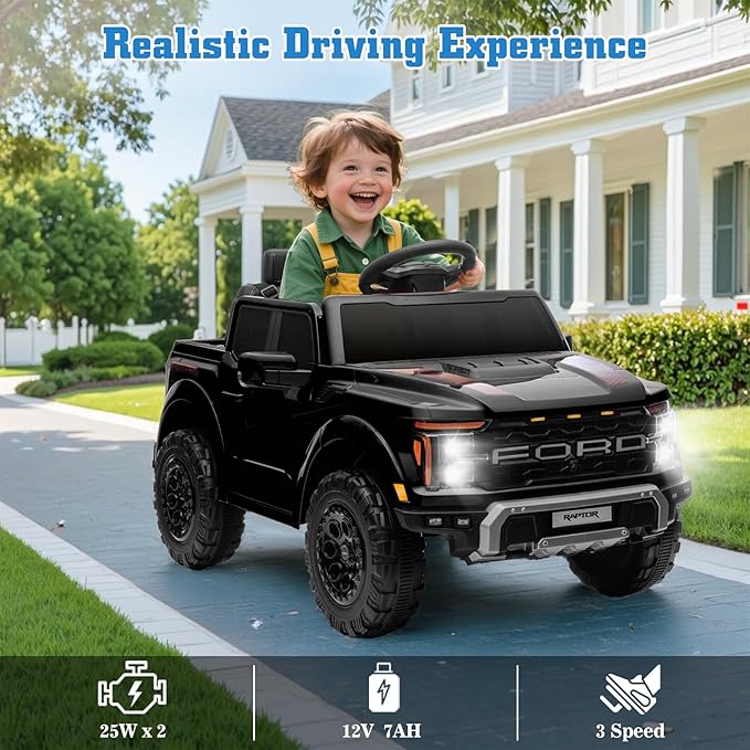 12V Ride on Car Licensed Ford F-150 Raptor, Kids Electric Car with Remote Control, LED Light/Music/MP3, Truck Bed Storage, 3-Point Seat Belt (12V, Black)-BubblyBeeBaby