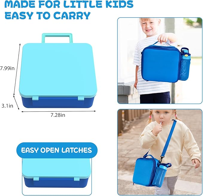 Kids Bento Lunch Box with 8oz Soup Thermo, Water Bottle, Kids Leakproof Lunch Food Containers with 4 Compartment, Insulated Hot Food Jar with Lunch Bag for School, Trvael (Blue)-BubblyBeeBaby