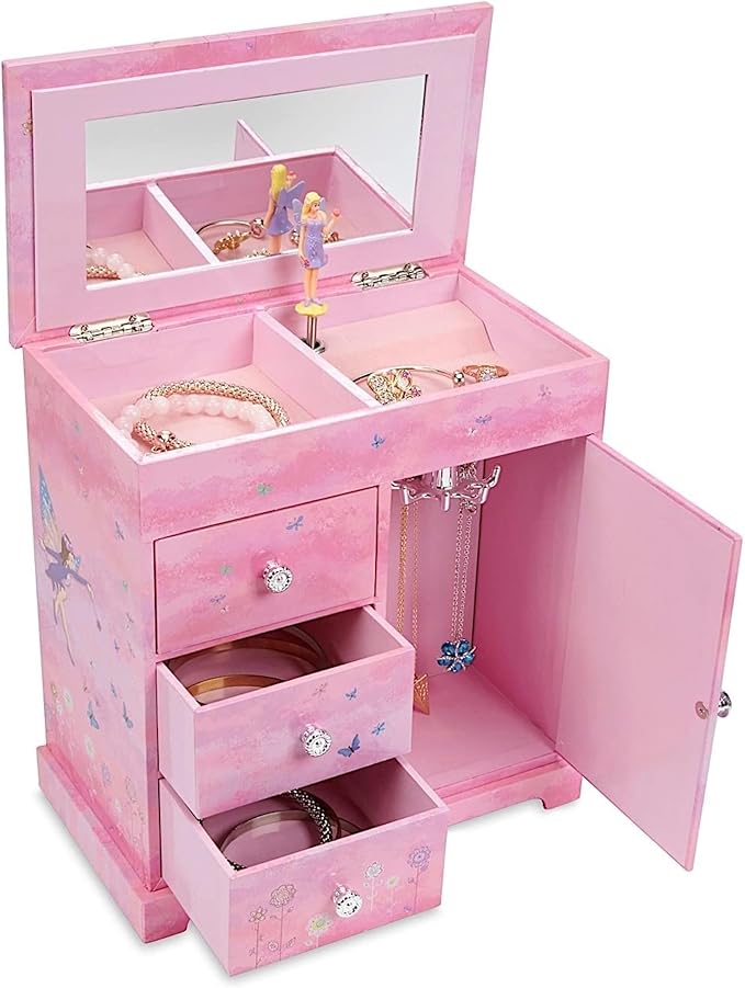Jewelkeeper Jewelry Box - Jewelry Box for Girls with Ballerina Music Box - 3 Spacious Drawers, Necklace Carousel, Soft Pink Lining and Flowers Design - Sugar Plum Fairy Tune - 9.5 x 7.75 x 9.5 in-BubblyBeeBaby
