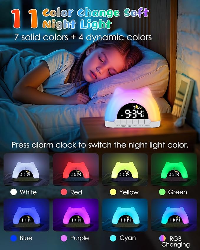 Kids Alarm Clock, OK to Wake Clock for Kids, Cat Clock with 11 Colors Night Light, 10 Soothing Sounds, Child Lock, Dual Alarms, Sleep Training, Birthday Gift for Boy Girls Children-BubblyBeeBaby
