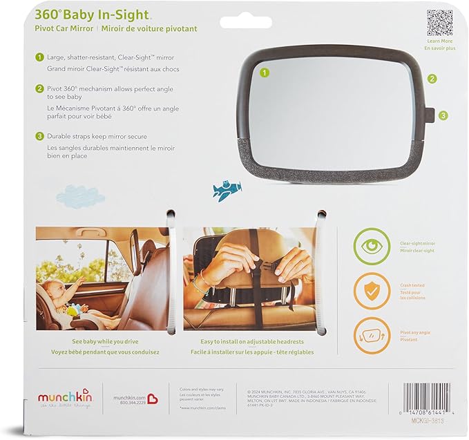 Munchkin Baby Car Mirror for Rear Facing Car Seats, Pivot 360 Baby in-Sight Adjustable Auto Mirror, Black-BubblyBeeBaby
