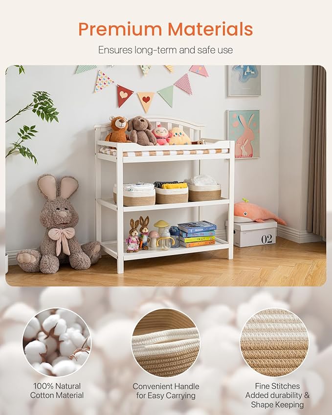 KALLAX Small Woven Basket, 12 x 8 x 4.5 Inches, Storage Basket for Organizing, Cute Small Rope Shelf Closet Cube Storage Bins Baskets for Shelves, Dog Toy Gift Baskets Empty, 3 Pack White & Brown-BubblyBeeBaby
