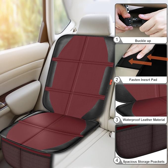 Car Seat Protector,2 Pack Automotive Seat Protectors Baby Carseat Pad Waterproof Durable 600D Fabric for Child Baby Car Seat Mat Vehicle Pet Cover 2 Storage Pockets (Wine Red)-BubblyBeeBaby