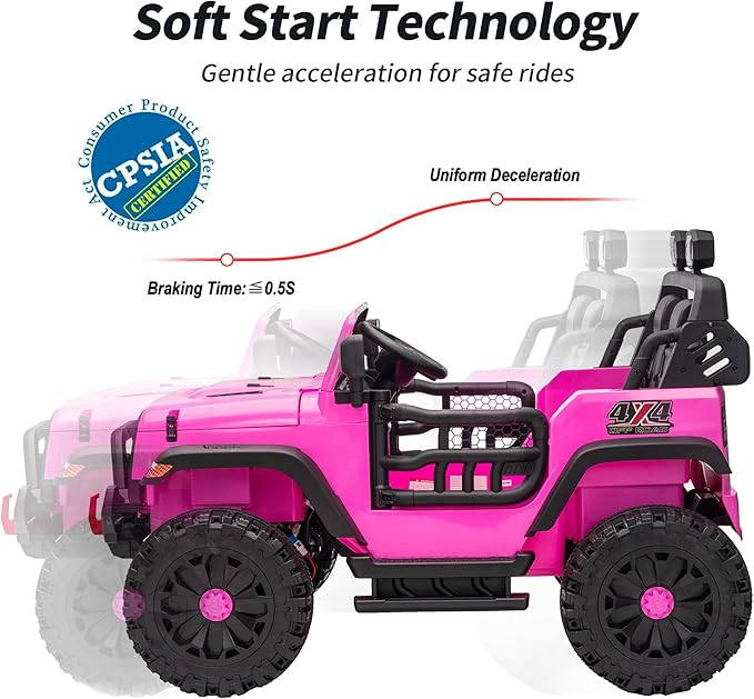 2 Seater Ride on Toy Car for Kids, 24V 4x4 Ride-on Truck Kids Electric Car w/Remote Control, 4x200W Motors - Hot Pink-BubblyBeeBaby