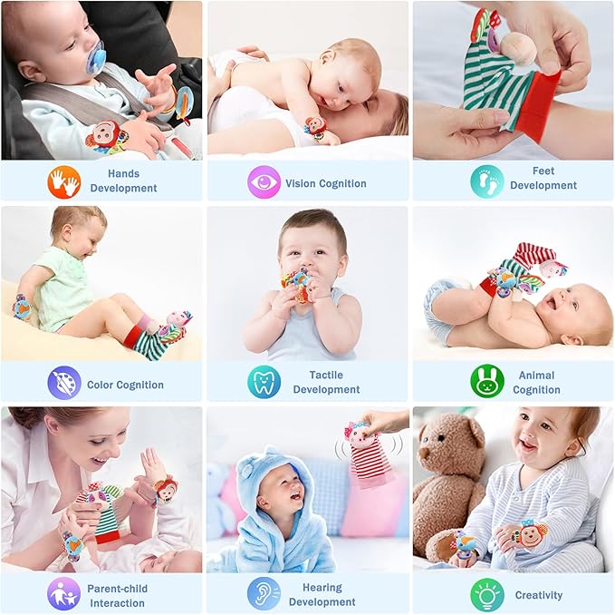 Infant Rattle Socks Toys 0 to 12 Months, Baby Wrist Rattle Foot Finder Socks Set, Birthday Holiday Present for Newborn Boy Girl 0/3/4/6/7/8/9/12/18 Months Kids Toddler, Gift Box Package (4A)-BubblyBeeBaby