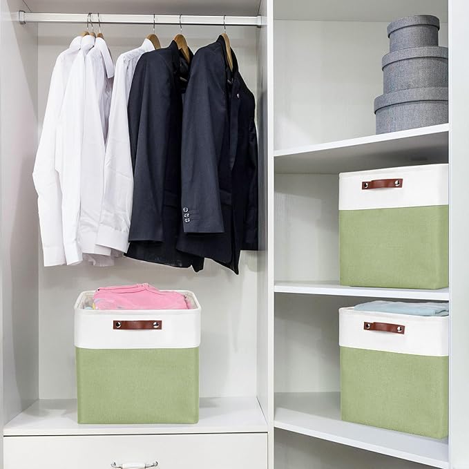 13x13 Cube Storage Bins, Collapsible Fabric Storage Box, 4 Pack Closet Baskets with Handles for Organizing, Shelf, Toys, Clothes, Home, Office, Nursery (Green&White)-BubblyBeeBaby