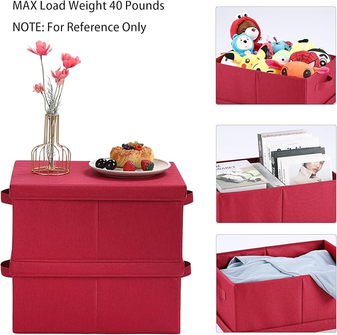 HOONEX Storage Bins with Lids for Organizing, Pack of 2, Storage Boxes with 2 Carrying Handles and Sturdy Heavy Cardboard, 16.5" L x 11.8" W x 7.5" H for Shoes, Books, Clothes, Red-BubblyBeeBaby