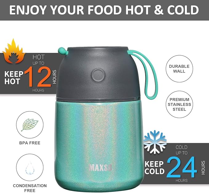 Insulated Food Jar for Hot & Cold Food for Kids Adult,17 oz Soup Thermo Hot Food Containers for Lunch, Triple Layer Insulation Stainless Steel Food Jar with Spoon (GPeacock)-BubblyBeeBaby