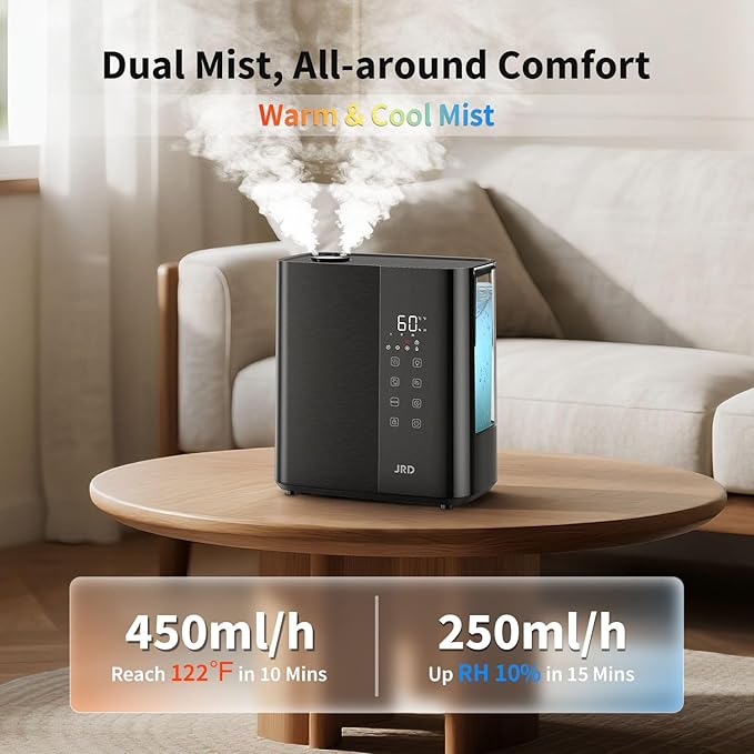 JRD Smart Humidifiers for Bedroom, 5L Warm & Cool Mist Ultrasonic Air Humidifier for Large Room Home Indoor, 50Hrs Quiet Runtime for Baby, Plants, Remote Control, Auto Humidity Sensor, 12H Timer-BubblyBeeBaby