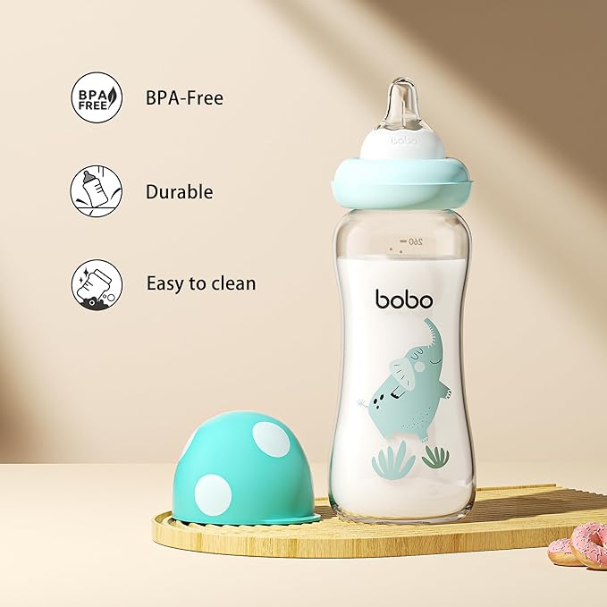 YOHKOH Natural Glass Baby Bottle with Natural Response Nipple, Newborn Anti-Colic Baby Bottles, Wide Neck Mushroom Cap Baby Bottle, Clear (8.8ounce (Pack of 4), Blue2)-BubblyBeeBaby