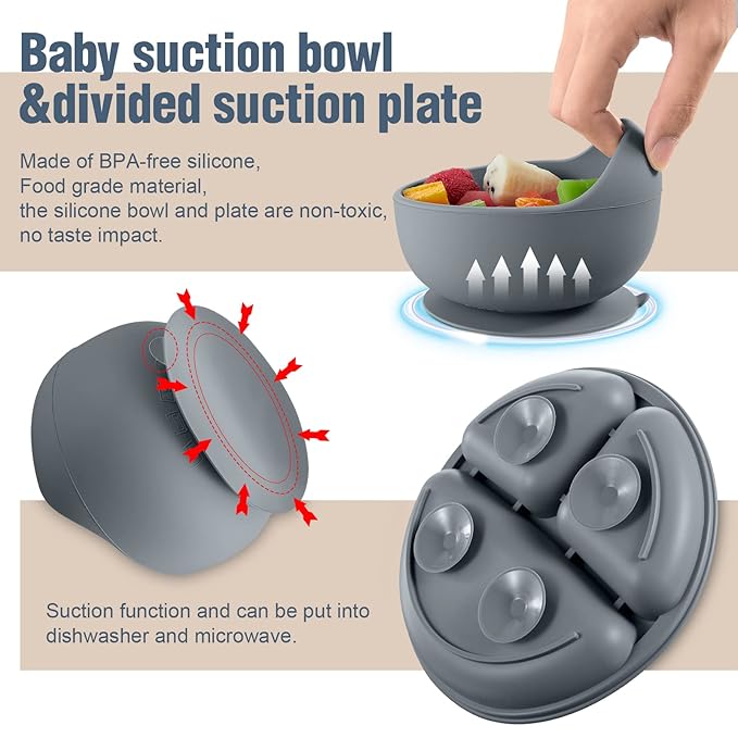 10 Pack Silicone Baby Feeding Set, Toddlers Led Weaning Feeding Supplies with Suction Baby Bowl Divided Plate Adjustable Bib Soft Silicone Spoon Fork, Infant Self Eating Utensil Set (Gray, Khaki)-BubblyBeeBaby