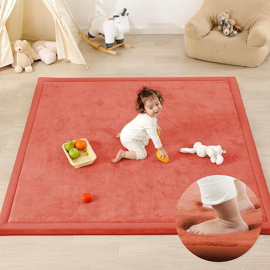 1.3" Thick Baby Play Mat for Floor Playpen, 71x79 Large Foam Tummy Time Mat, Padded Support Soft Plush Nursery Rug for Infant Kids Toddler Crawling Kick Activity (Brick)-BubblyBeeBaby