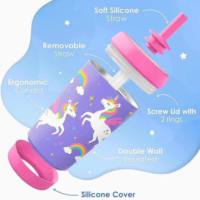 Kid Insulated Stainless Steel Tumbler with Silicone Straw, 12oz Sippy Cup for Kids (Unicorn)-BubblyBeeBaby