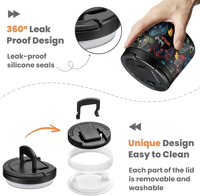 14oz Insulated Vacuum Food Jar with Buckle Lid,Soup Thermo for Hot Food Kids,Wide Mouth Leakproof Stainless Steel Lunch Container with Spoon-Black Game-BubblyBeeBaby