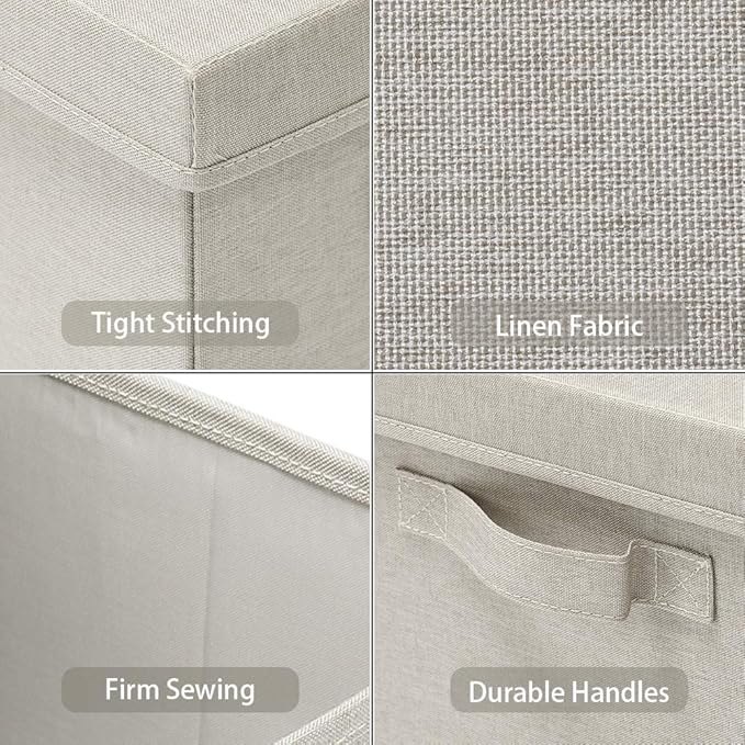 HOONEX Foldable Storage Bins with Lids, 2 Pack, Storage Boxes with Carrying Handles and Sturdy Heavy Cardboard, 16.5" L x 11.8" W x 7.5" H for Shoes, Books, Clothes, Linens, Beige-BubblyBeeBaby