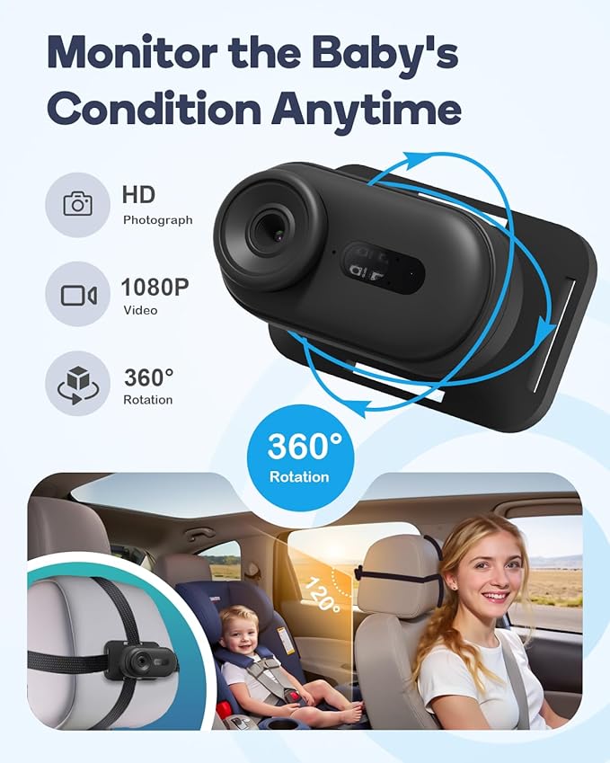 Wireless Baby Car Camera, HD 1080P Car Baby Monitor with Night Vision, Easy Install Backseat Camera for Kids, 360 Degree Rotatable Rear Facing Car Seat Mirror for Home, Baby, Pet-BubblyBeeBaby