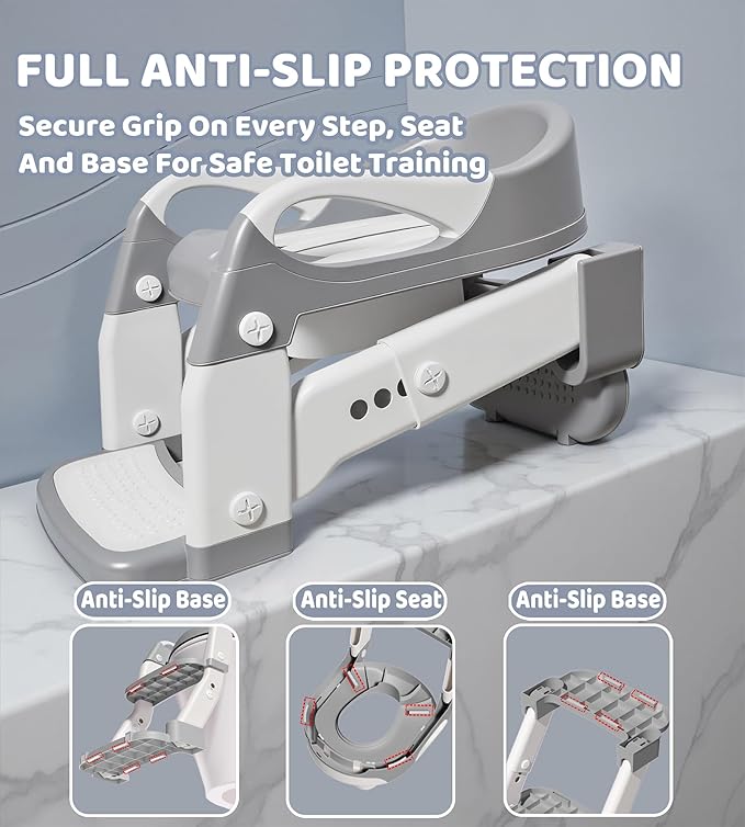 2-in-1 Toddler Potty Training Toilet Seat with Step Stool Ladder – Adjustable Height Potty Chair Urinal for Baby Boys Girls Age 1-3, Foldable Training Potty with Splash Guard & Anti-Slip Feet, Grey-BubblyBeeBaby