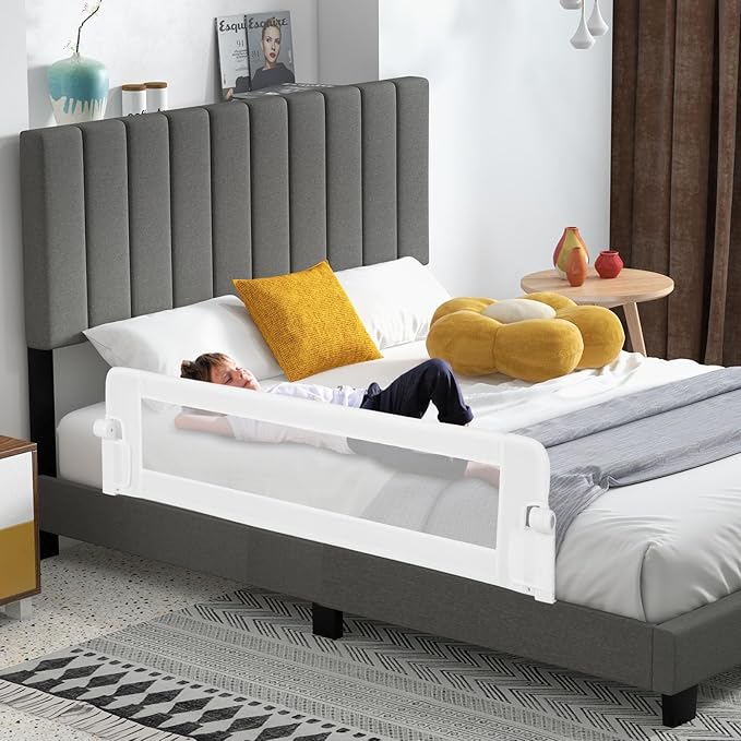 HONEY JOY 2 Pack Bed Rails for Toddlers, 60-Inch Extra Long, Foldable Portable Swing Down Safety Bed Guard Rail, Toddler Bed Rails for Crib, King Queen Full Twin Size Bed Mattress (White)-BubblyBeeBaby