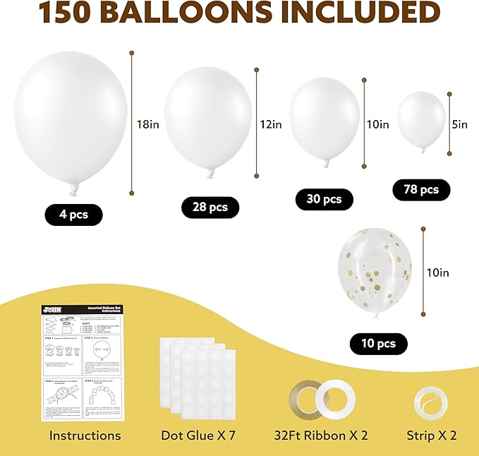 JOYIN 150 Pcs White Balloons, Different Sizes 18 12 10 5 Inch White Latex Balloon Arch Kit with Instruction for Birthday Decoration Party Graduation Wedding Holiday-BubblyBeeBaby