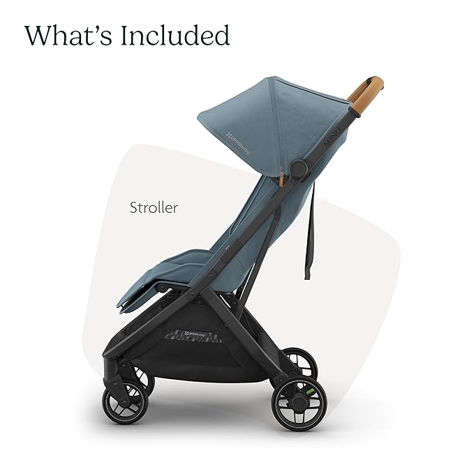 UPPAbaby Minu V3 Travel Stroller | Lightweight + Compact Design | One-Hand Fold + Unfold | from Birth + Overhead Compatible | Dillan (Stone Blue/Carbon Frame/Sand Leather)-BubblyBeeBaby