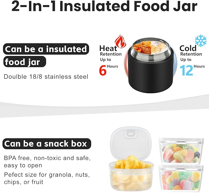 2-in-1 Insulated Food Jar & Snack Container - 15oz Kids Soup Thermos for Hot Food with Handle and Spoon, Leak Proof Reusable Toddler Snack Box, Perfect for School & Travel, Black-BubblyBeeBaby