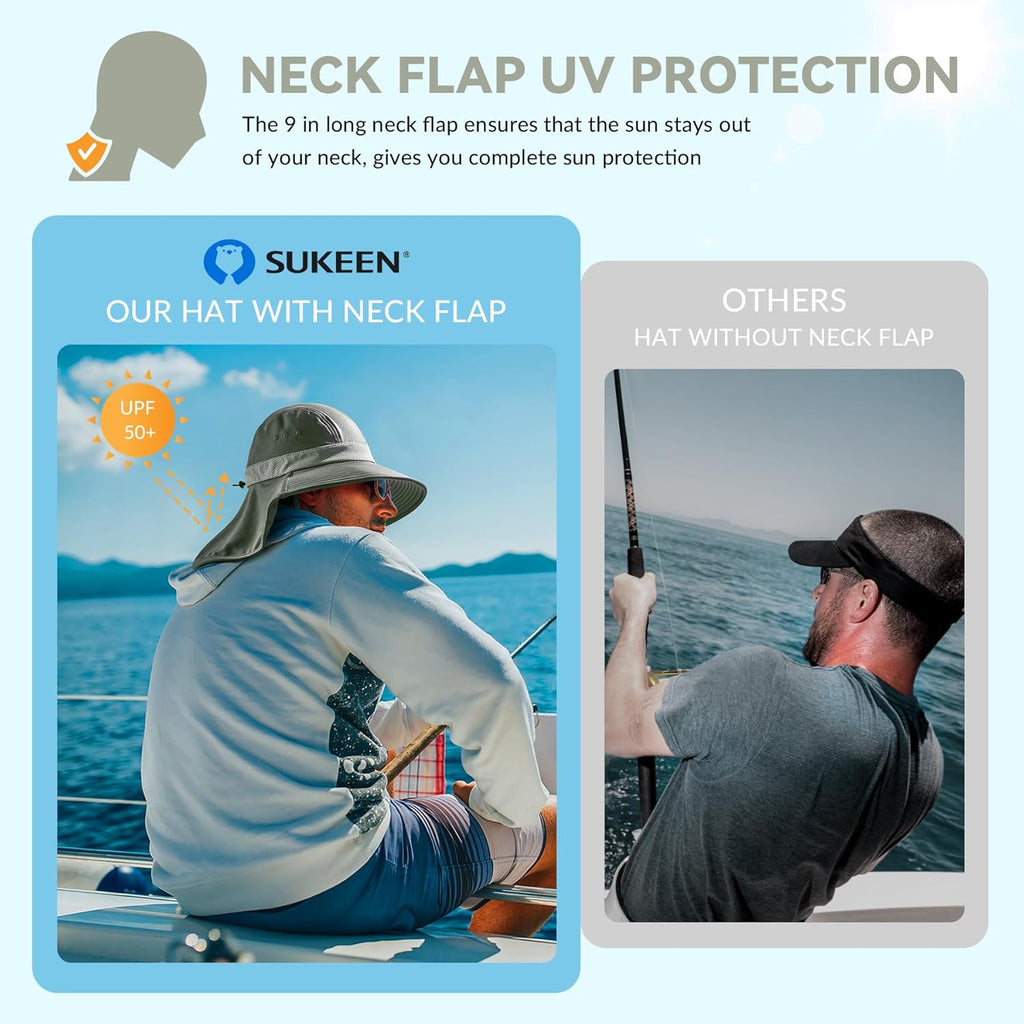Sukeen Cooling Sun Hat for Men Women UPF50+ Wide Brim Fishing Hat with Neck Flap Adjustable Foldable Bucket Hat for Hiking