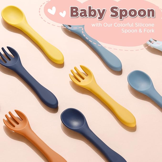 10 Pieces Baby Led Weaning Spoons and Forks Set Infant Silicone Spoon First Self Feed Baby training Utensils for Toddler First Stage Feeding Supplies for Kids Over 6 Months, 5 Pairs (Bright Colors)-BubblyBeeBaby