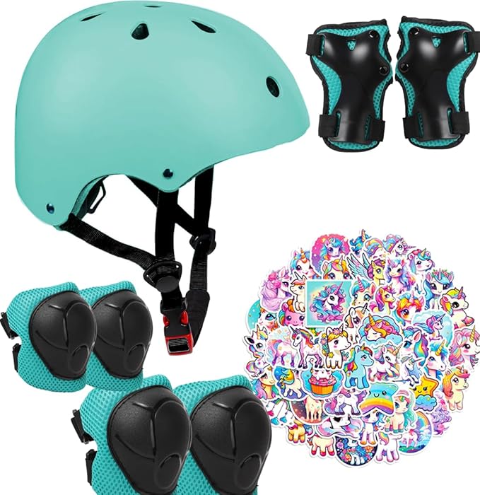 Kids Bike Helmet with Knee Elbow Wrist Pads Guards,Pink,for Ages 2-3-5-8-14,Sports Bicycle,Skate Scooter,Rollerblading with Unicorn Sticker-BubblyBeeBaby