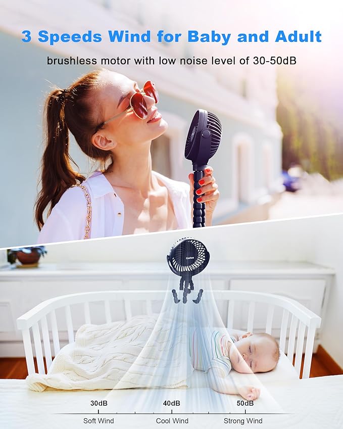 Stroller Fan Clip on for Baby, 4000mAh Rechargeable Battery Operated, Flexible Tripod, 3 Wind Speed, 360° Rotatable, Small Cooling Portable Fan for Car Seat Crib Golf Cart Treadmill, Navy Blue-BubblyBeeBaby