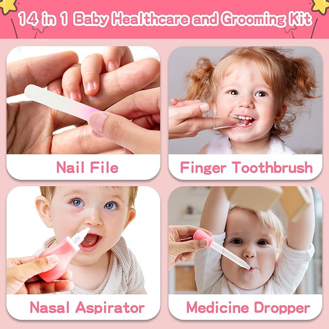 Baby Grooming Kit，Infant Safety Care Setwith Hair Brush Comb Nail Clipper Nasal Aspirator, Baby Essentials Kit for Newborn Girls Boys (14 PC-Pink Kit)-BubblyBeeBaby